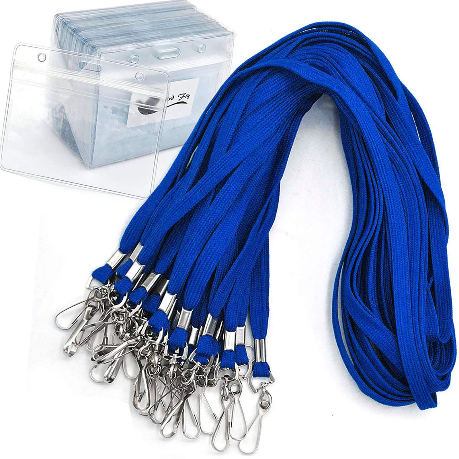 Bird Fiy Name Tags Blue Lanyards /Badge Holder Pairs Woven Round Lanyard & Horizontal Sealable Waterproof Clear Plastic ID Card Lanyards with id Holder Name Badges (Blue, 50 Pack)