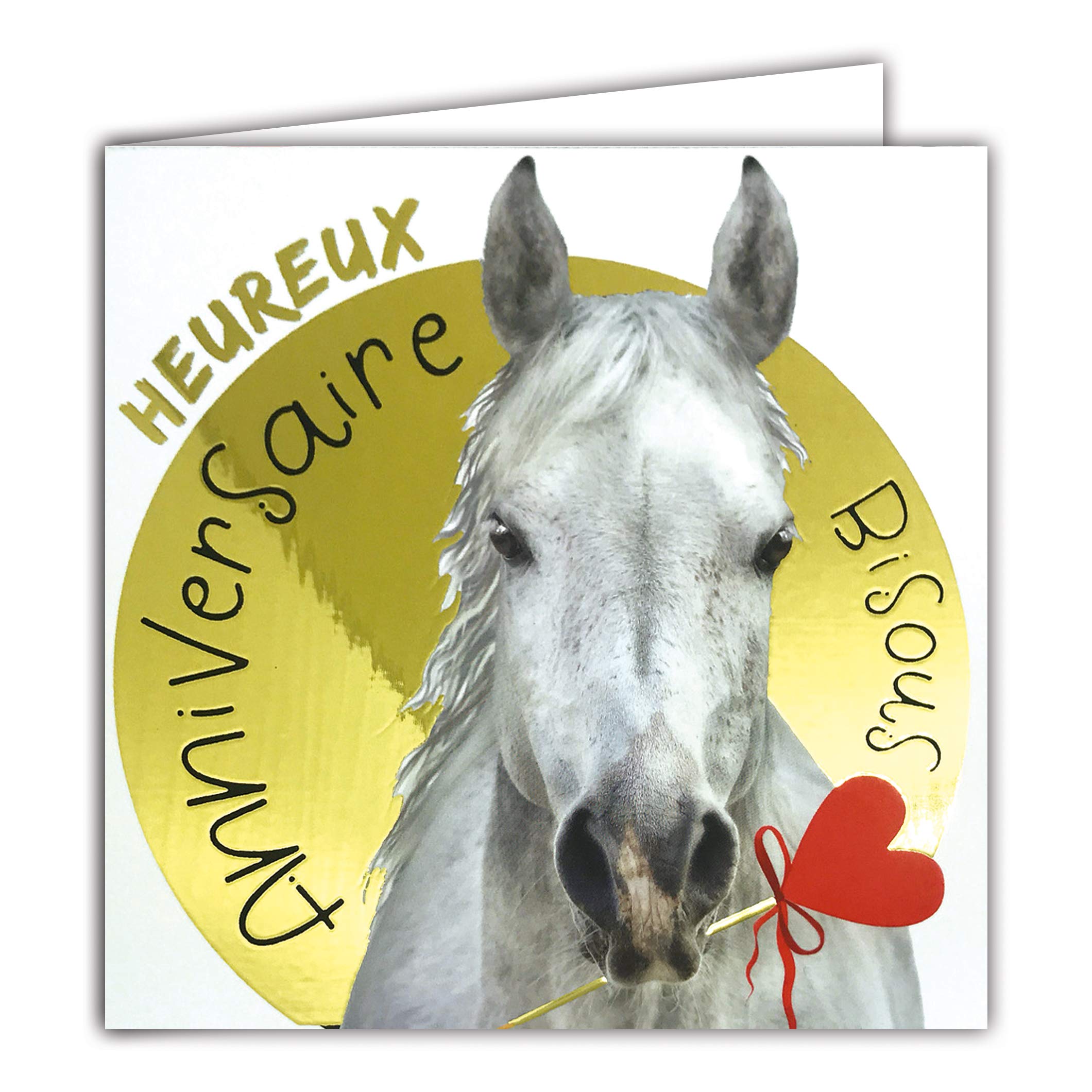 Afie Happy Birthday Card Kisses White Horse Red Heart Gold Background Shiny Textured Effect 22061