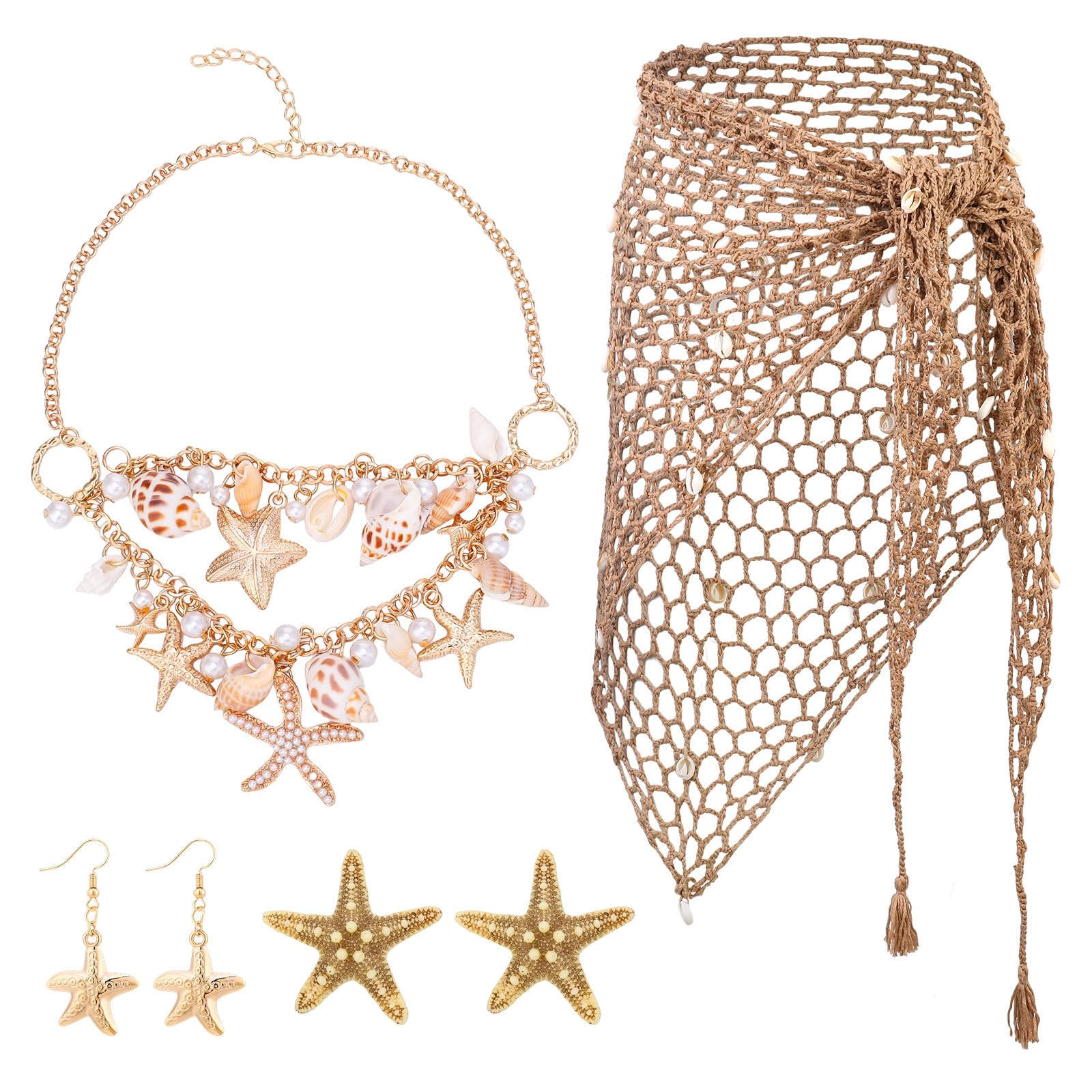 Photo 1 of **** ONLY COVER UP ******* Summer Mermaid Costume Accessories Set Beach Crochet Skirt Sarong Swimsuit Summer Beach Earrings Shell Necklace Hair Clip for Halloween Dress Up Party Supplies