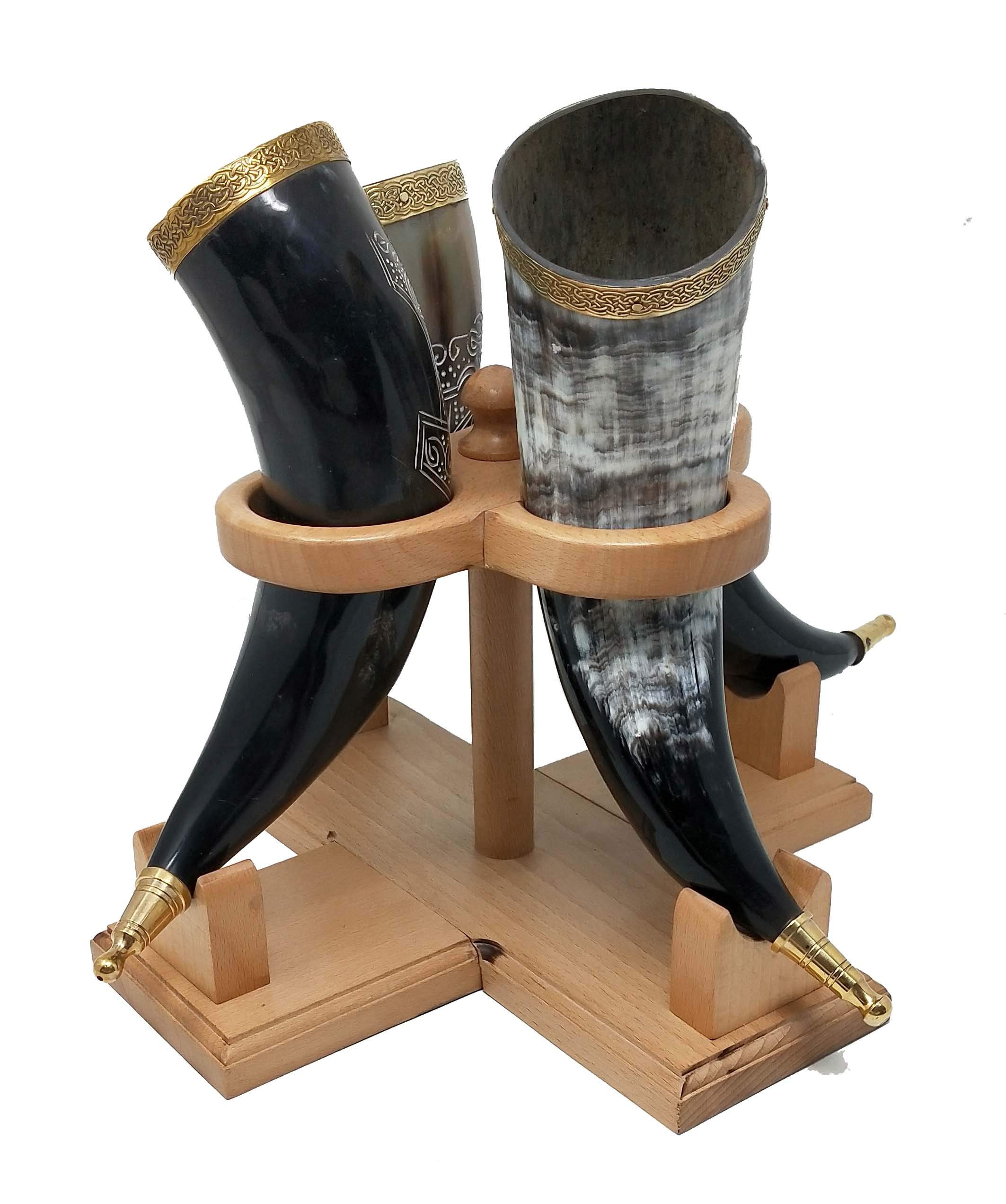 Viking Drinking Handmade Natural OX Horn | Tankard | Mug | Cup for Ale, Beer, Mead, Wine | 12 to 15 Inch | 100% Leak Free | with Beautiful Wooden Stand (Set of 4)