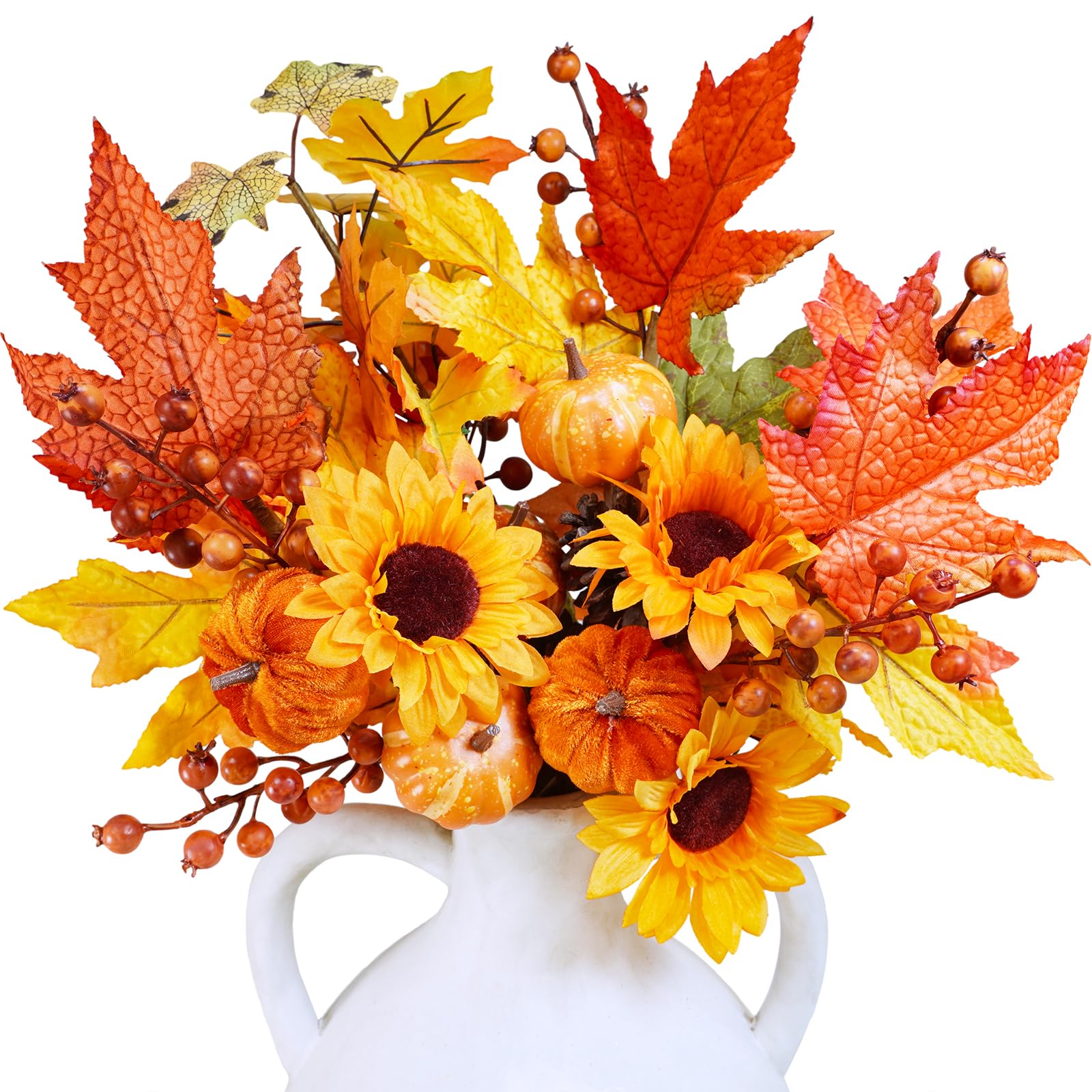 Photo 1 of Winlyn 8 Pcs Fall Harvest Artificial Maple Leaf Stems Fall Picks and Sprays with Orange Pumpkins Sunflower Heads Pine Cones Berries 13" for Thanksgiving Autumn Wedding DIY Wreath Floral Arrangements