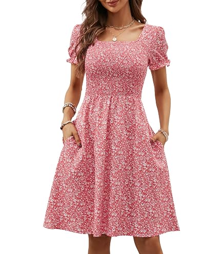 Lyrur Women's Floral Square Neck Smocked Knee Length Summer Dress Black