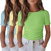 LessonZoo 3 Pack Girls Short Sleeve Shirts Summer Slim Fit Crew Neck Tops Ribbed Knit Side Ruched Tees Basic Clothes for Kids