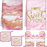 Bencailor 6 Pcs Marble Kitchen Decor Gold Pot Holders Oven Mitts 2 Dish Towels 2 Farmhouse Cooking Mittens Oven Glove and Potholder for Baking Cooking Grilling Supply Accessories(Pink)