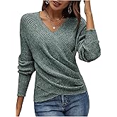 SOLY HUX Women's V Neck Long Sleeve Off Shoulder Sweaters Criss Cross Wrap Ruched Pullover Fall Tops