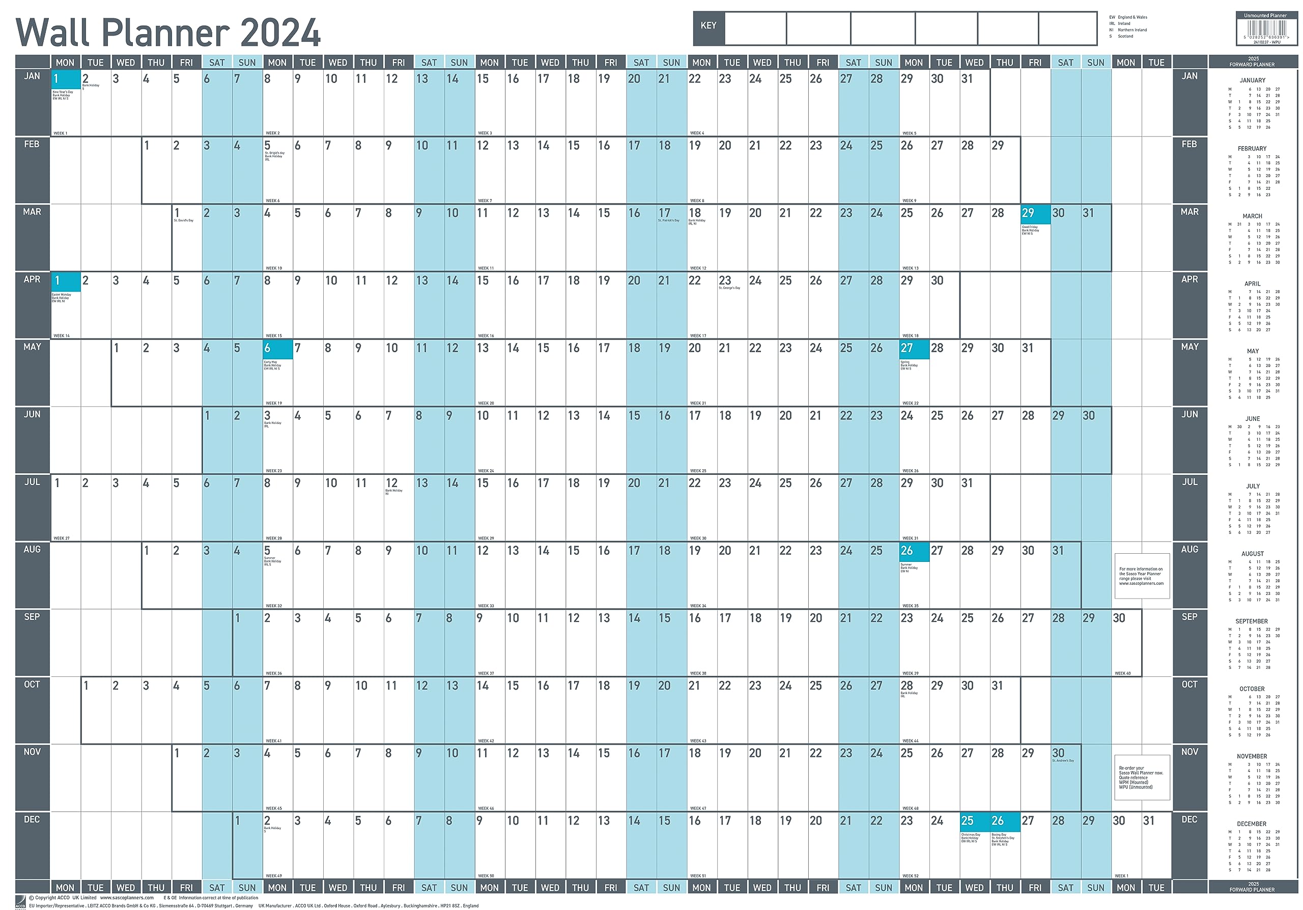 Sasco 2024 Value Yearly Wall Planner Set, Paper Whiteboard Style Dry Erase Calendar, Large Wall Planner, Poster Style Wall Chart & Office Notice Board, Blue, 915 x 610mm, 2410237