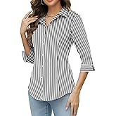 HOTOUCH Women Button Up Shirts 3/4 Sleeve Basic Business Dress Shirt Slim Fitted Classic V Neck Button Up Work Blouse Tops Black Stripes