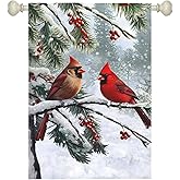 Dacawin Winter Cardinal Bird Garden Flag Red Bird Pine Twigs Yard Flag Double Sided Polyester Holly Berry Snow Seasonal House Banner for Outdoor Farmhouse Christma Holiday Decor 28 x 40 Inch