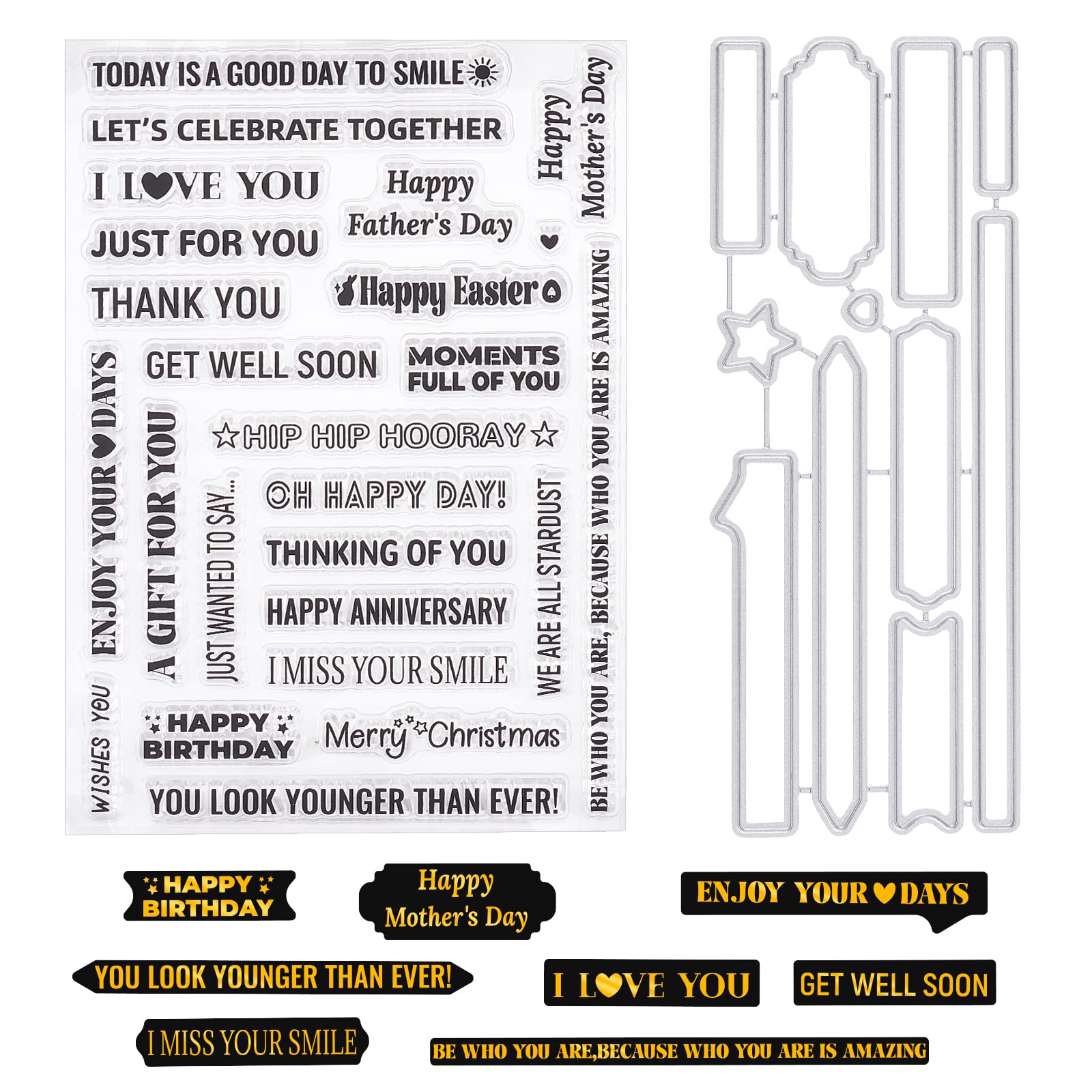 ORIGACH Sentiments Words Clear Stamps and Die Sets for DIY Scrapbooking Album Decorative Card Making — image 1