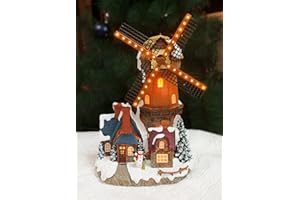 MOMENTS IN TIME Lighted Windmill Christmas Village Building LED Lights & Animation 12.2” Handcrafted House Battery Operated Holiday Decoration Gift Wrapped Ready