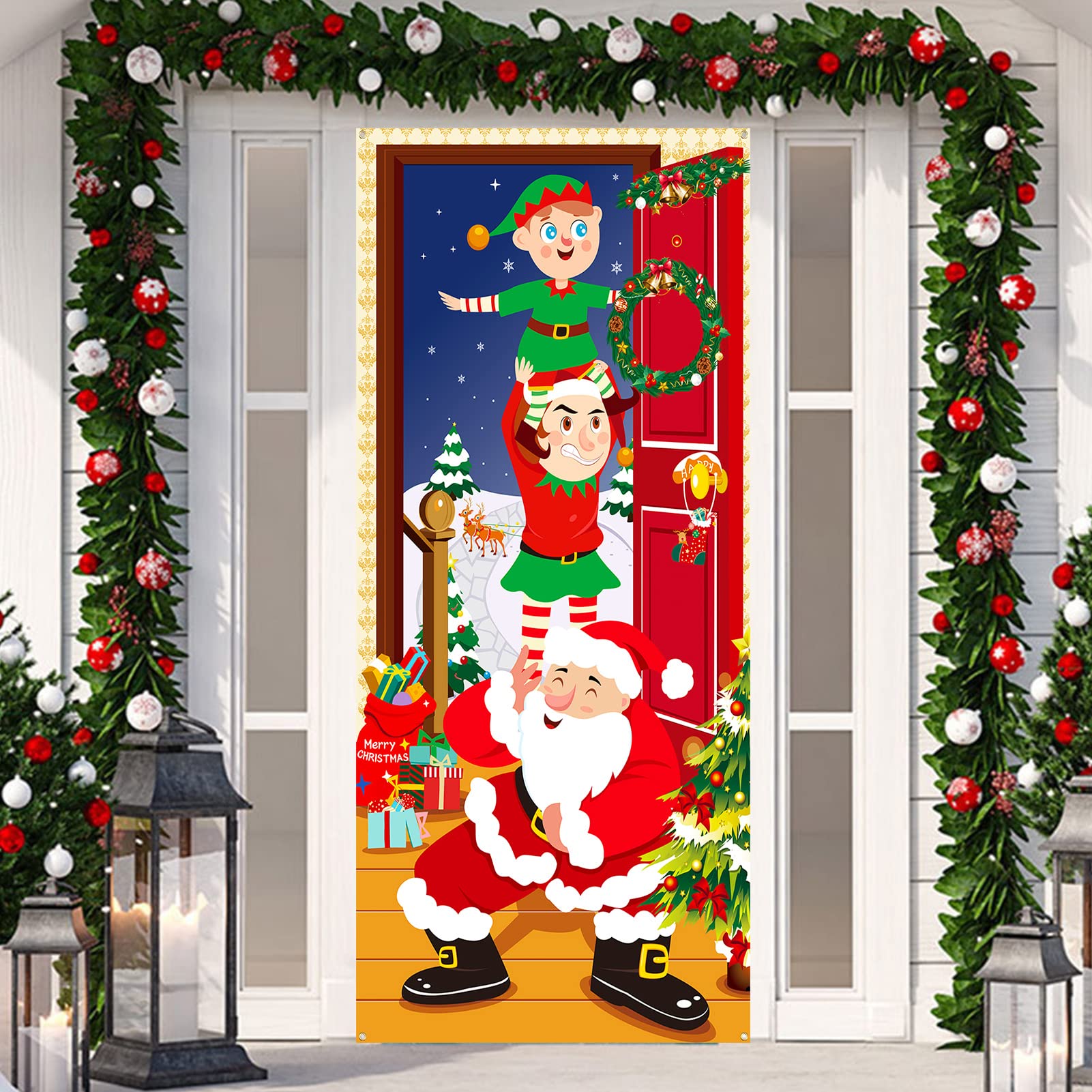 DPKOW Santa Claus Elves Banner for Christmas Decoration, Fabric Outdoor Wall Door Cover Large Photo Background Poster, 180 * 90cm