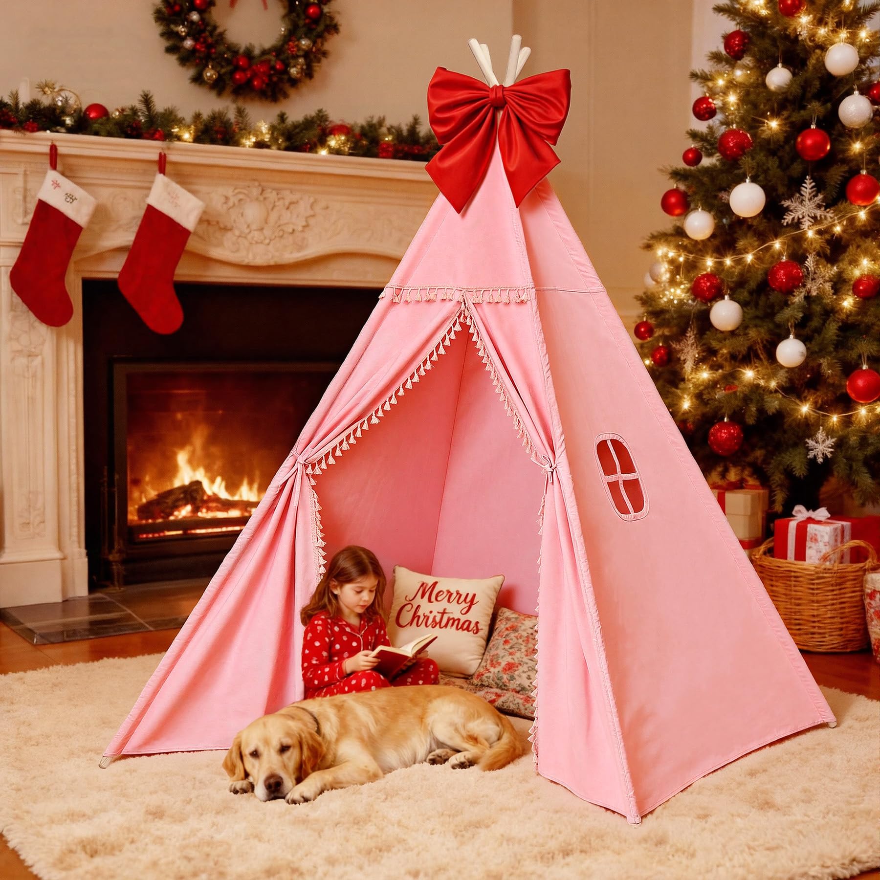 Sumbababy Large Teepee Tent for Adults & Kids, Cotton Canvas Foldable Indoor Tent for Toddlers, Sleepover Gift Toy for Girls & Boys, Washable Slumber Party Tent for Party Decor, Pink Image