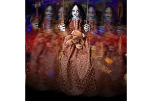 RGJ 3.75 Ft Halloween Decorations Animatronics Hanging Swinging Girl with Creepy Sound/Light Up Eyes/Scary Expression, Creepy Doll Hanging Ghosts Haunted House Holiday Decor Prop for Indoor Outdoor