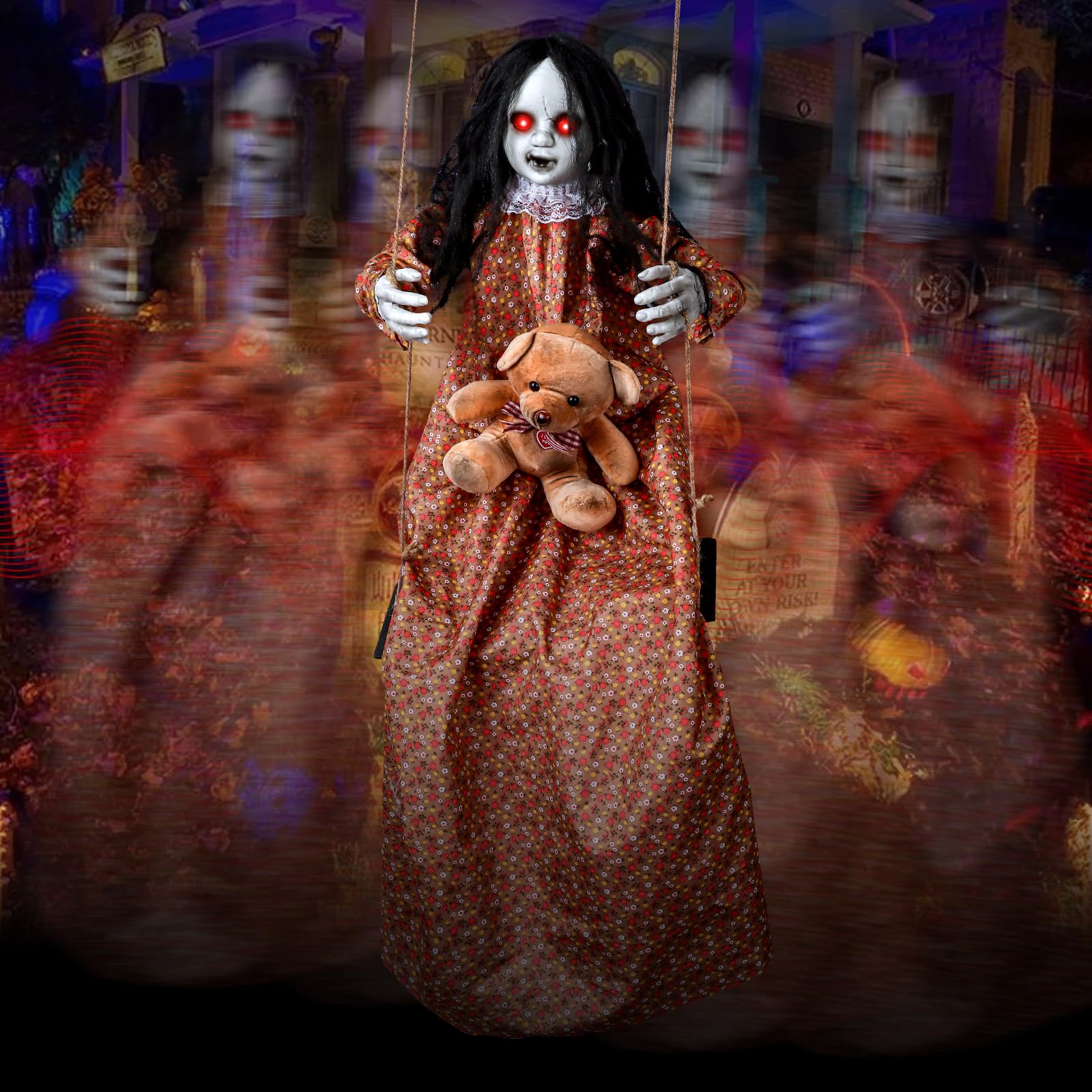 Photo 1 of 3.75 Ft Halloween Decorations Animatronics Hanging Swinging Girl with Creepy Sound/Light Up Eyes/Scary Expression, Creepy Doll Hanging Ghosts Haunted House Holiday Decor Prop for Indoor Outdoor