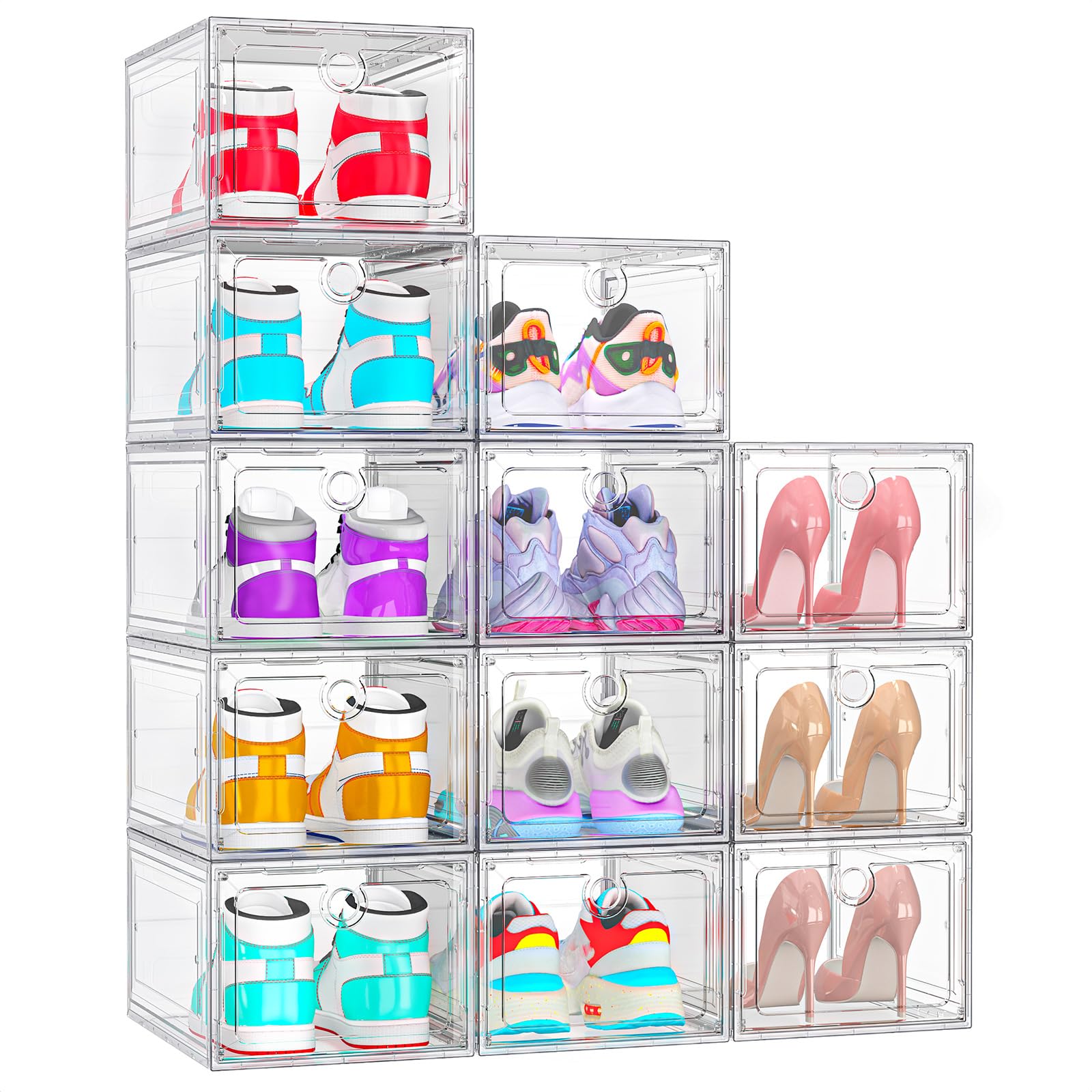 ARSTPEOE 12 Pack Upgrade Harder Shoe Organizer, Shoe Storage with Magnetic Front Door, Clear Shoe Boxes Foldable Space-Saving Shoe Rack for Sneaker Boot Container, White Image