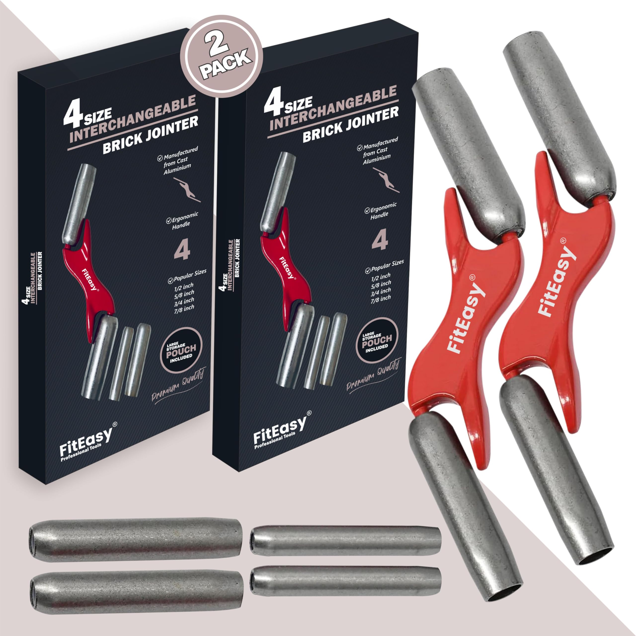 FitEasy® 4-Size Interchangeable Brick Jointer Steel Barrel Bricklaying Tool 1/2" 5/8" 3/4" 7/8", Hardened Steel Jointer for Masonry with Cloth Bag - 2 Pack