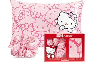 Kitsch Hello Kitty Satin Pillowcase, Softer Than Silk for Hair & Skin, Machine Washable, Wrinkle-Free, Standard Size, and Satin Scrunchies No Damage Hair Ties Pink Kitty Faces, 2 Piece Set