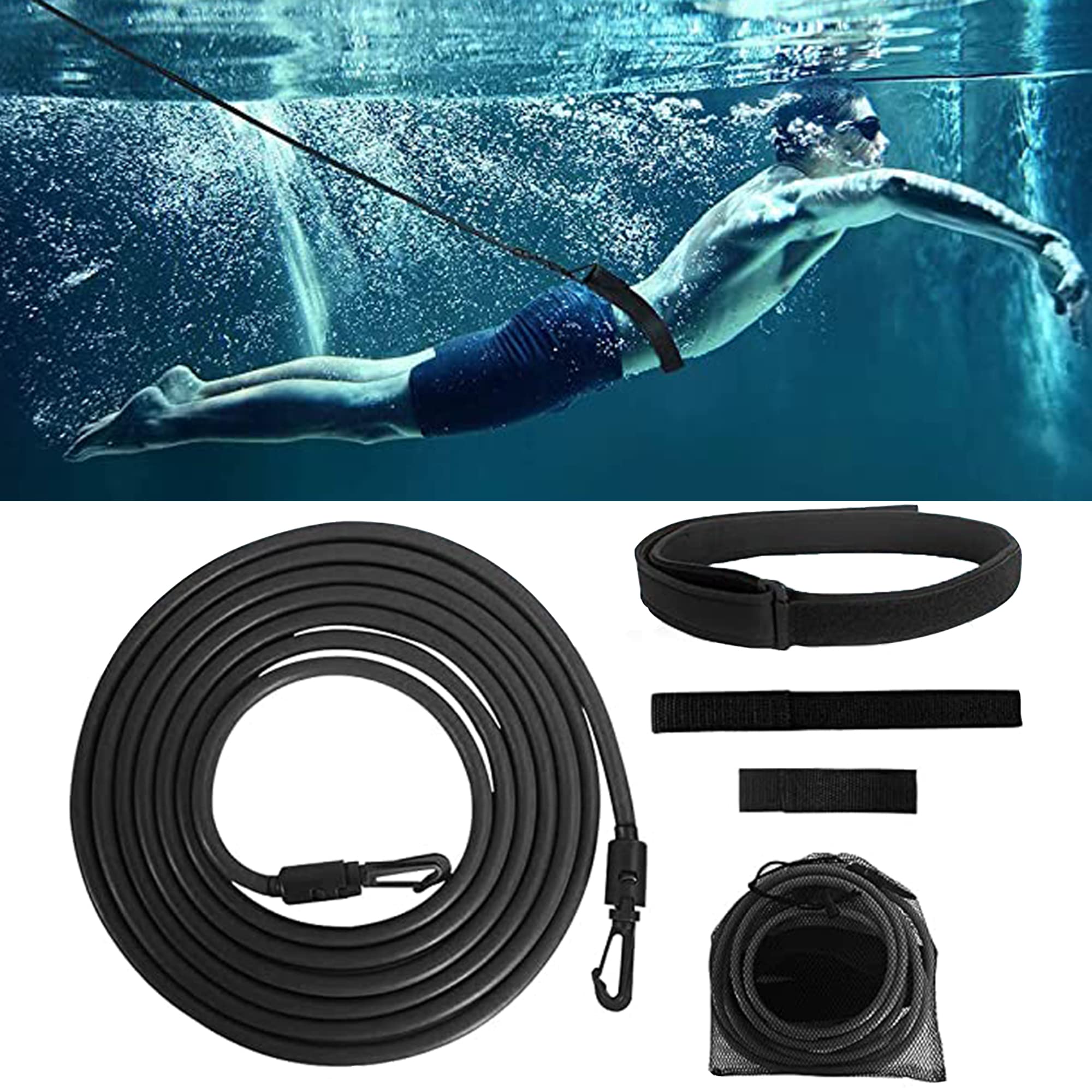 YANRU 4 m pool swimming belt, swimming pools, resistance training, swimming belt, adult swimming training belt, pool aqua fitness equipment, pool resistance training, for children and adults (black)