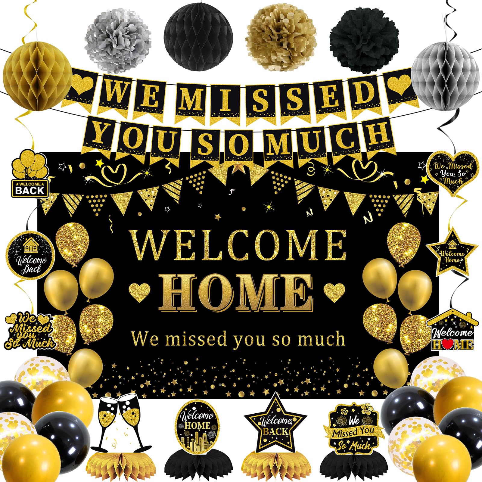 Photo 1 of Trgowaul Welcome Home Decorations, 34PCS Black Gold Welcome Home Party Supplies, Welcome Home Banner Backdrop, Hanging Swirl, Pompoms, We Missed You So Much Family Reunion Party Decor Set
