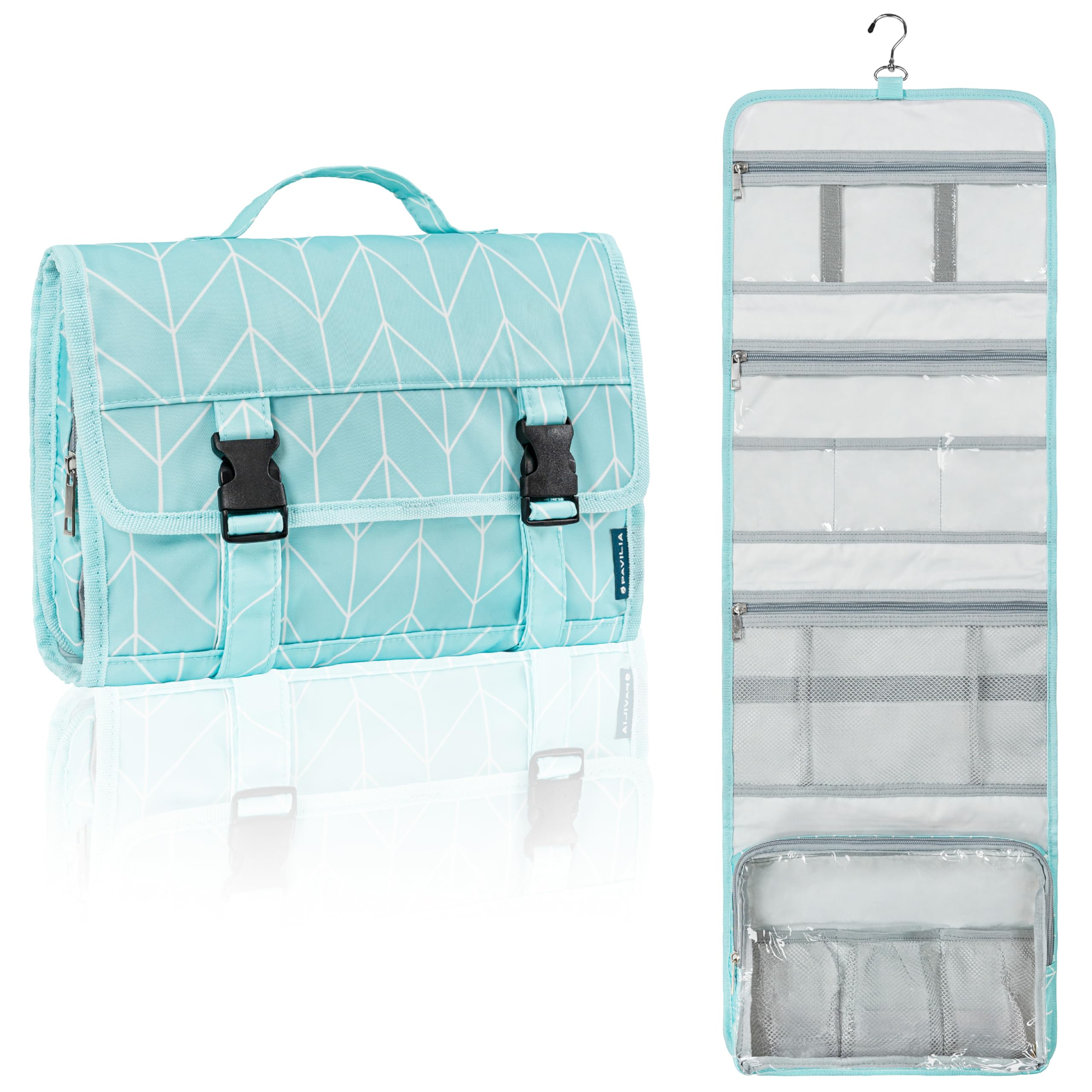 Photo 1 of PAVILIA Travel Hanging Toiletry Bag for Women Men, Large Capacity Makeup Bag Kit, Waterproof Cosmetic Storage Organizer Case for Bathroom Shower, Teal Chevron
