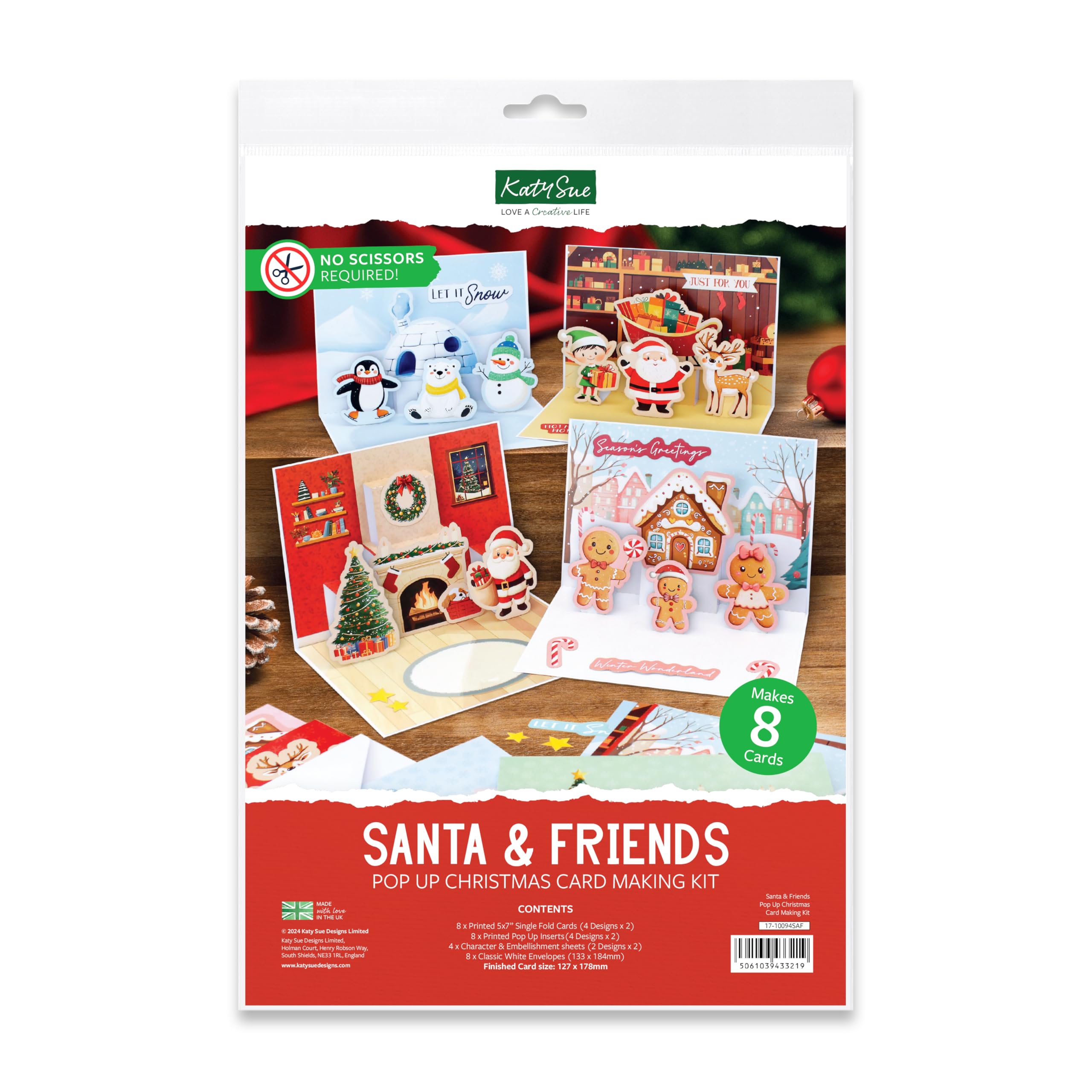 Katy Sue Santa & Friends Pop Up Christmas Card Making Kit. Makes Eight 5 x 7 Inch Christmas Cards. Kit Contains Cards, Pop Up Inserts, Envelopes, Instructions & Embellishments.