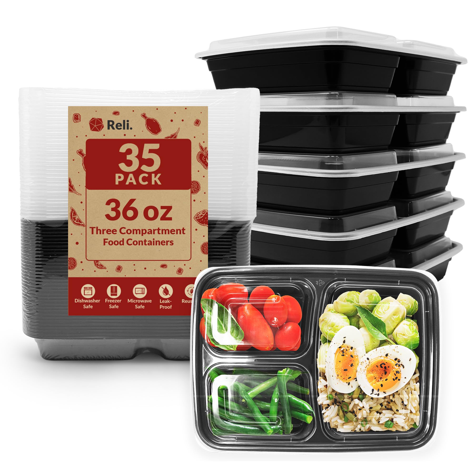 Photo 1 of Reli. Meal Prep Containers 36 oz  3 Compartment Meal Prep Containers Reusable | Plastic Take Out Food Box, Microwavable | Boxes with Lids for Takeout, To Go, Leftover