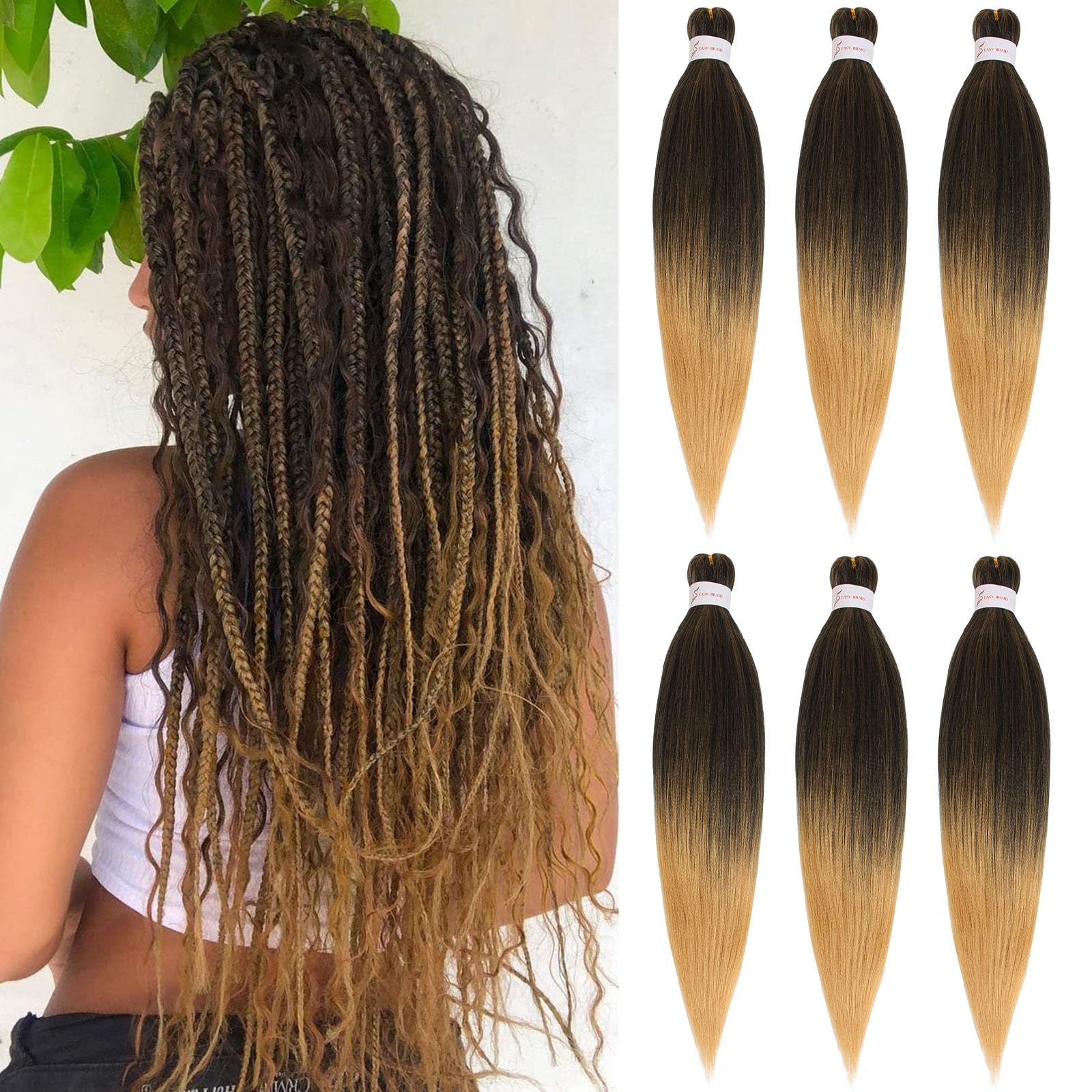 Samtress 16 Inch EZ Braids 6 Packs Pre Stretched Braiding Hair Omber Hot Water Setting Soft Yaki Syntheti Braiding Hair for Box Braids Crochet Hair Extension (#T27) — image 1