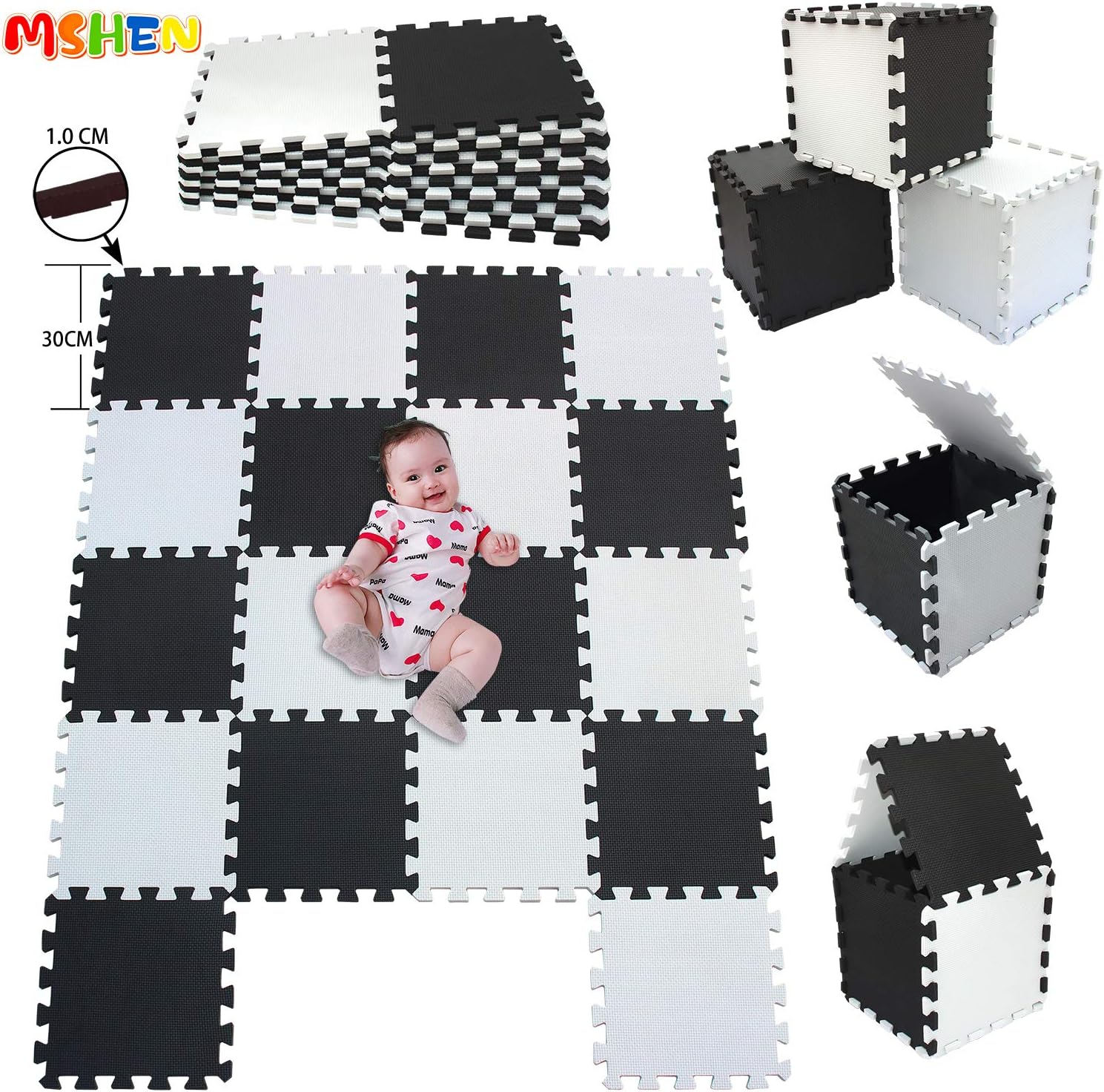 MSHEN–18PCS Foam Play Mat Tiles|Interlocking Floor Mats for Children|Multicoloured Foam Floor Tiles| children jigsaw tiles playmat .Size 1.62 Sqm Baby play mat. white-black-0104g18