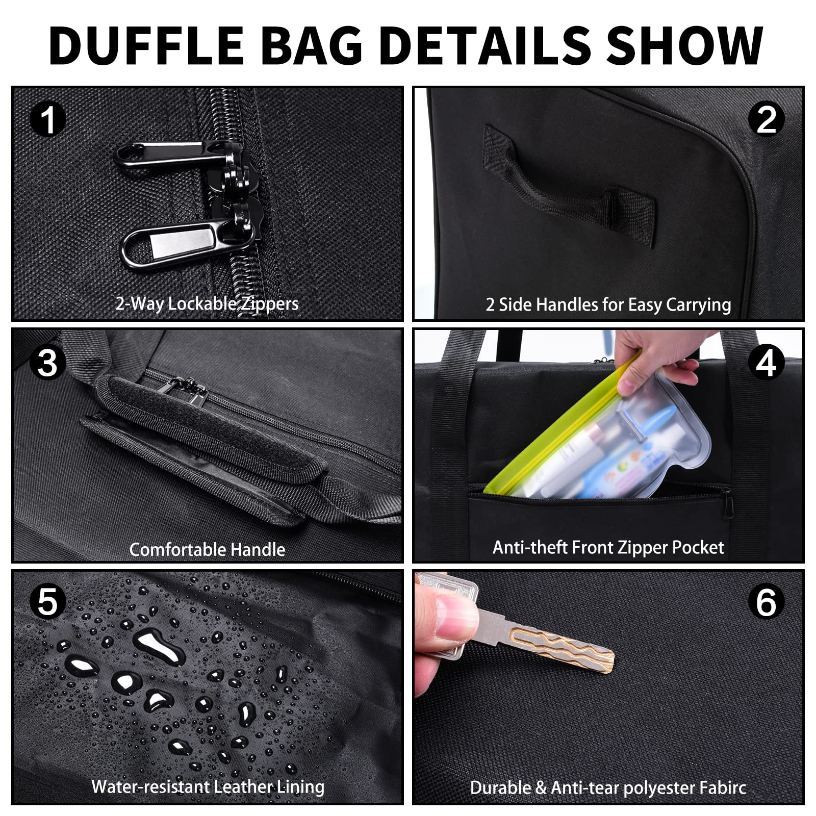 52 Inch Large Duffle Bag for Travel Camping Sport Equipment Storage Bag with 2-way Lockable Zippers (Black)