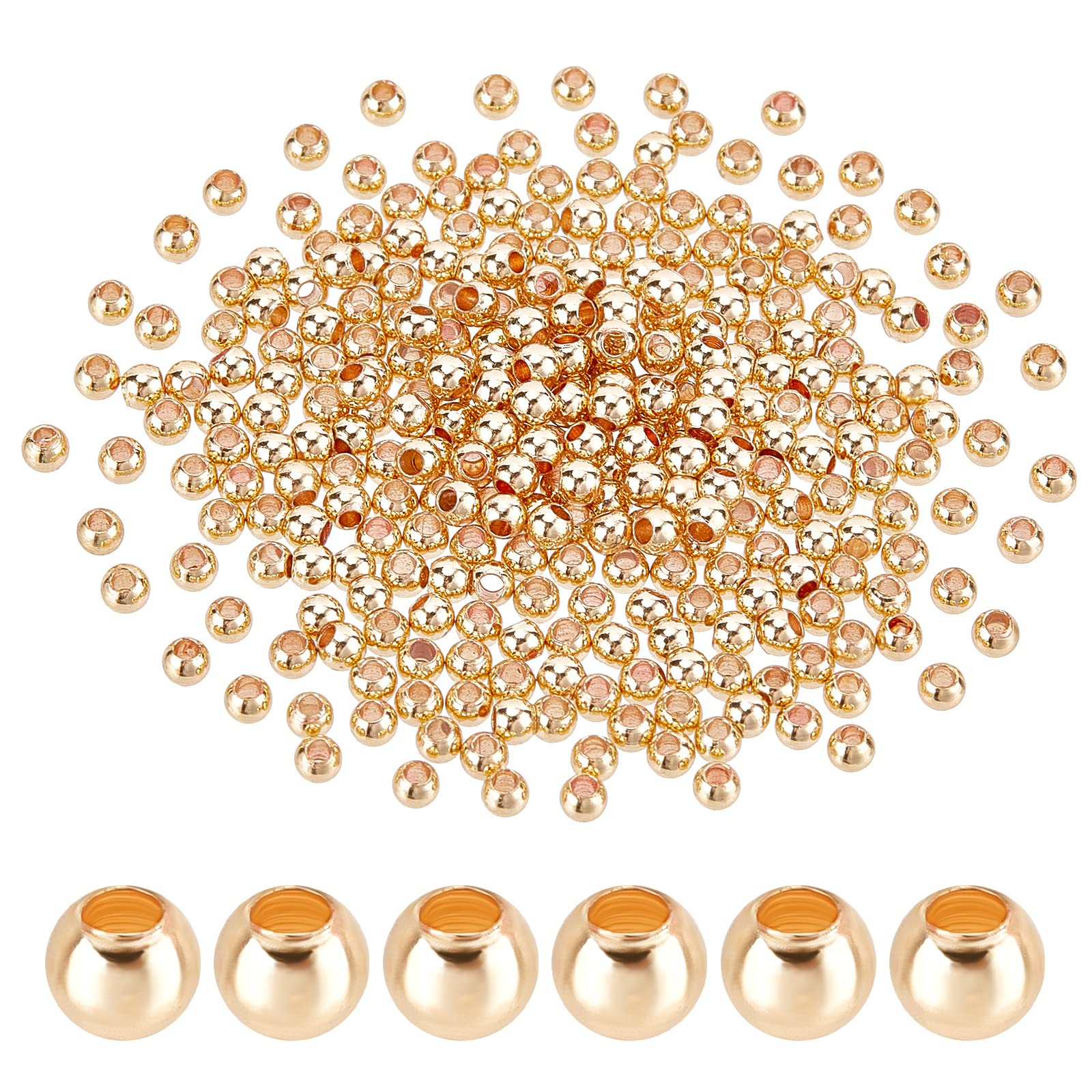 PH PandaHall 300pcs 14K Gold Plated Spacer Beads, 2.4mm Long-Lasting Loose Bead Round Smooth Beads Seamless Ball Bead for DIY Summer Necklace Bracelet Jewellery Making