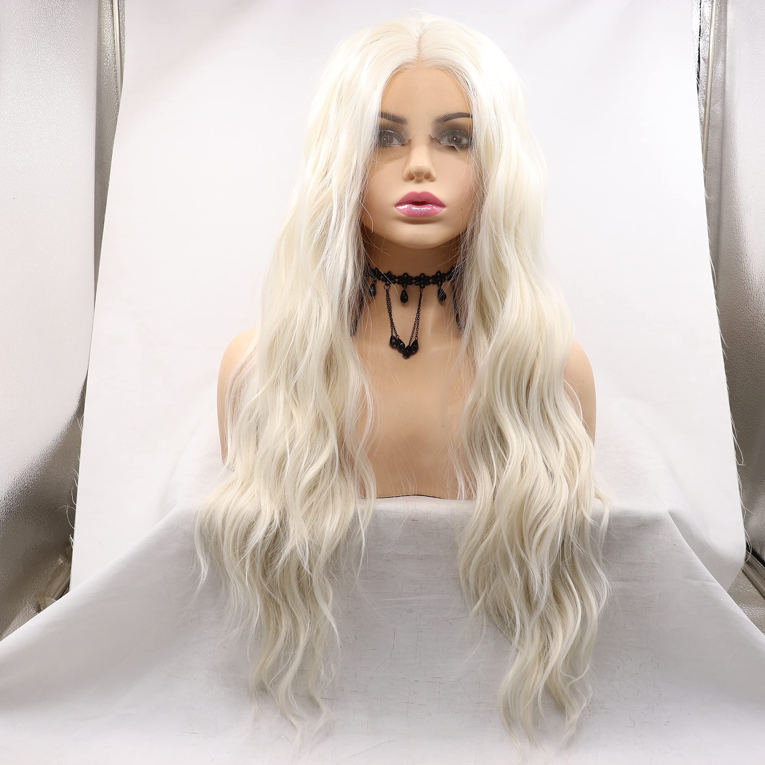 Rainahair Platinum Blonde Water Wave Synthetic Lace Front Wig 26Inch Heat Resistant Cosplay Wig Party Wig