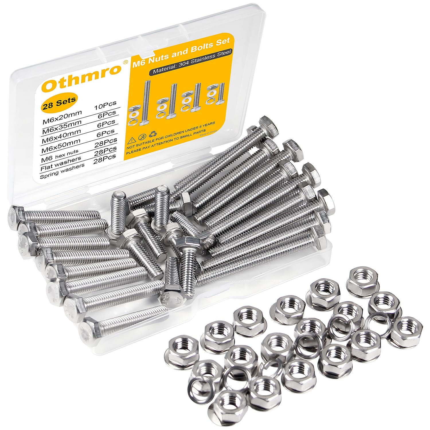 M6-1.0 Nuts and Bolts Set, 6mm Hex Bolts Sets with Washers Stainless Steel Machine Screws Assorted, Fully Threaded 20mm 35mm 40mm 50mm Bolts with Plastic Case Replacement Bolts for Furniture — image 1