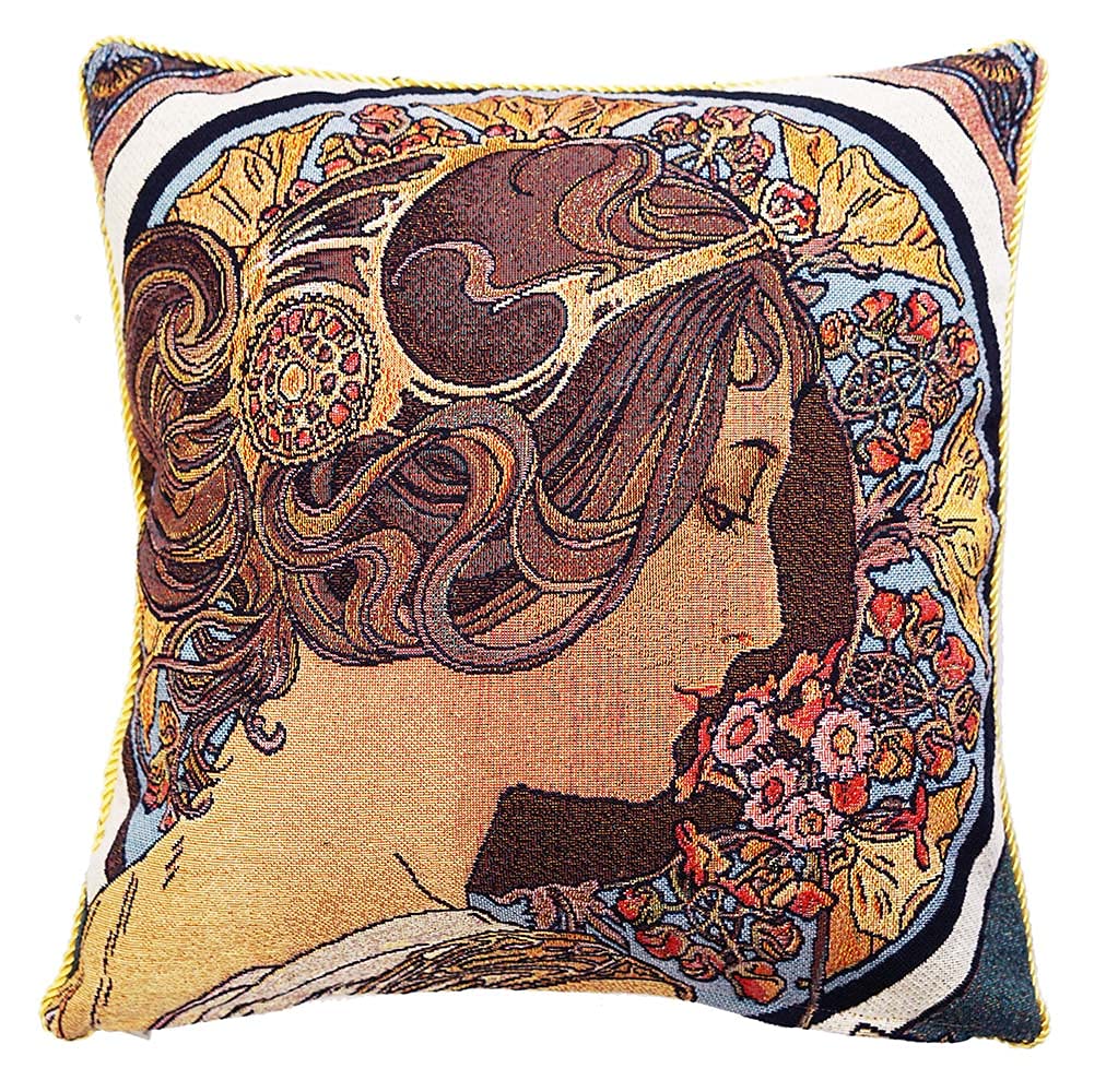 Signare Tapestry Cushion Cover 18 x18 inches 45cm x 45cm Decorative Sofa Cushions (Mucha -Primrose, Cushion Cover ONLY; CCOV-ART-AM-PRIMROSE)