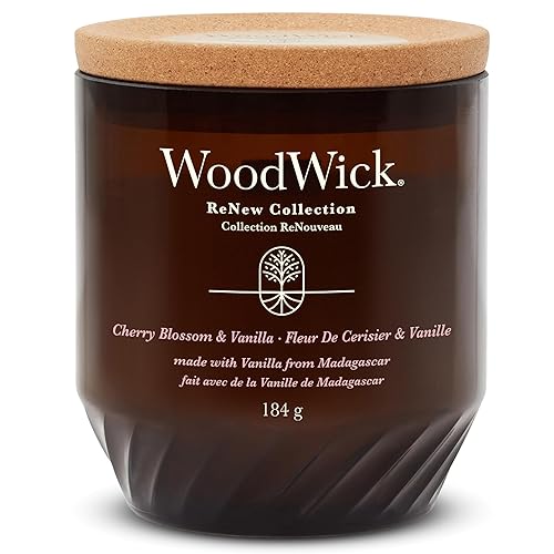 WoodWick Renew Scented Candle with Crackling Wick | Cherry Blossom & Vanilla Medium Candle | Plant Based Soy Coconut Wax Blend | Made with Recycled Materials | Perfect Gifts for Women