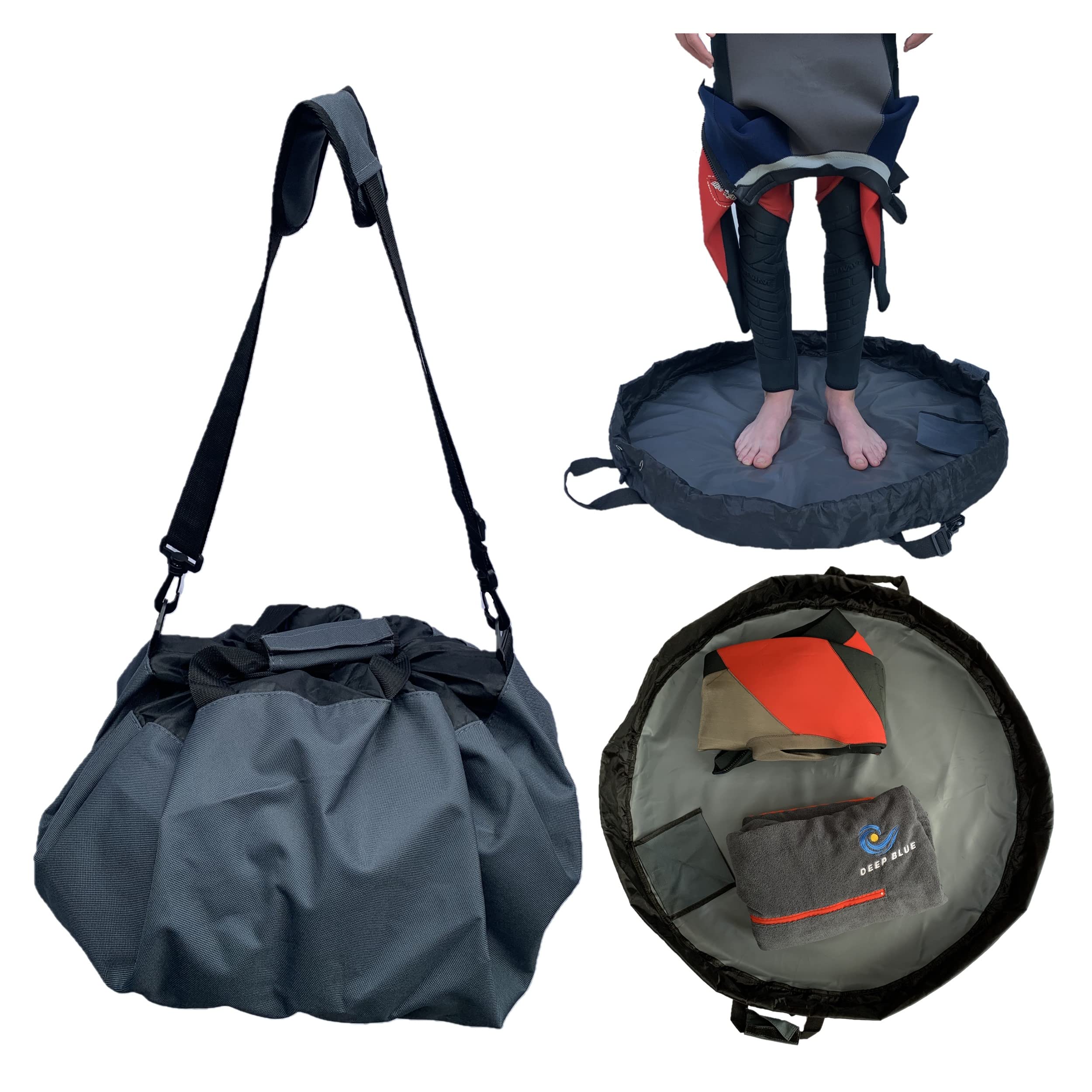 FIT 4 ME Deep Blue Wetsuit changing mat bag GREY VELCRO wrap handles, padded shoulder strap, Drawstring, pocket, Durable waterproof. Ideal for Water Sports Surfing Wild Swimming SUP Kayaking Triathlon