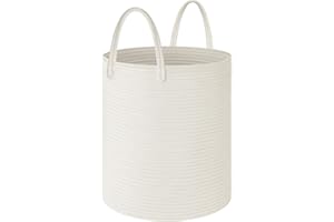 QIANBIRD White Woven Cotton Rope Laundry Basket Hamper,Kids Baby Laundry Basket Nursery Hamper Bin Woven Storage Basket for Living Room Bedroom Cute Boho Tall Woven Rope Baskets for Blanket