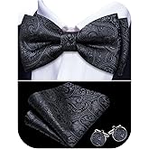 Barry.Wang Paisley Striped Bow Tie for Men Silk Pre-Tied Bowtie Pocket Square Cufflinks Set Formal Wedding Party Prom