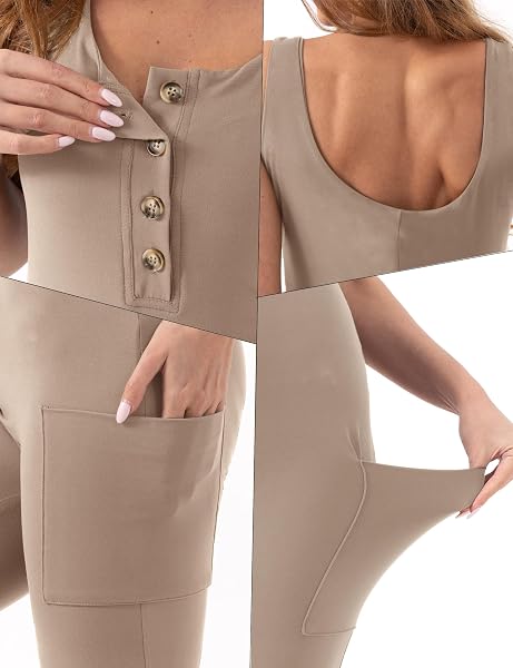 SUNNYBUY WOMEN’S SUMMER WORKOUT ROMPER ATHLETIC ONE PIECE BODYSUIT TUMMY CONTROL JUMPSUIT WITH POCKETS