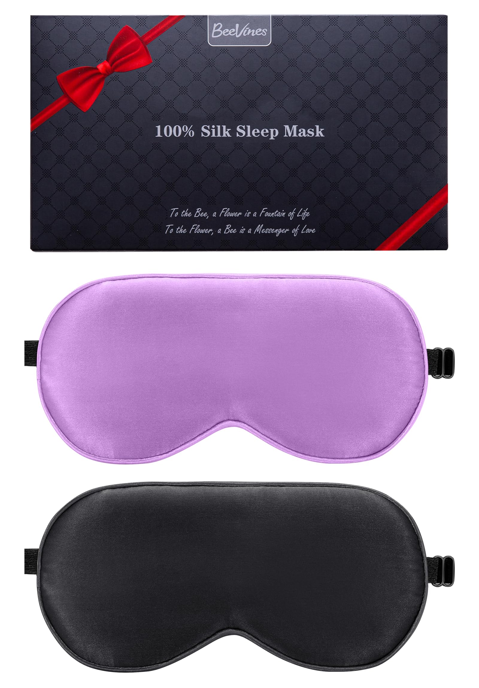 Silk Sleep Mask, 2 Pack 100% Real Natural Silk Eye Mask with Adjustable Strap, Eye Sleeping Mask, BeeVines Eye Sleep Shade Cover for Summer Travel Yoga Nap Reduces Puffy Eyes (Black & Purple)