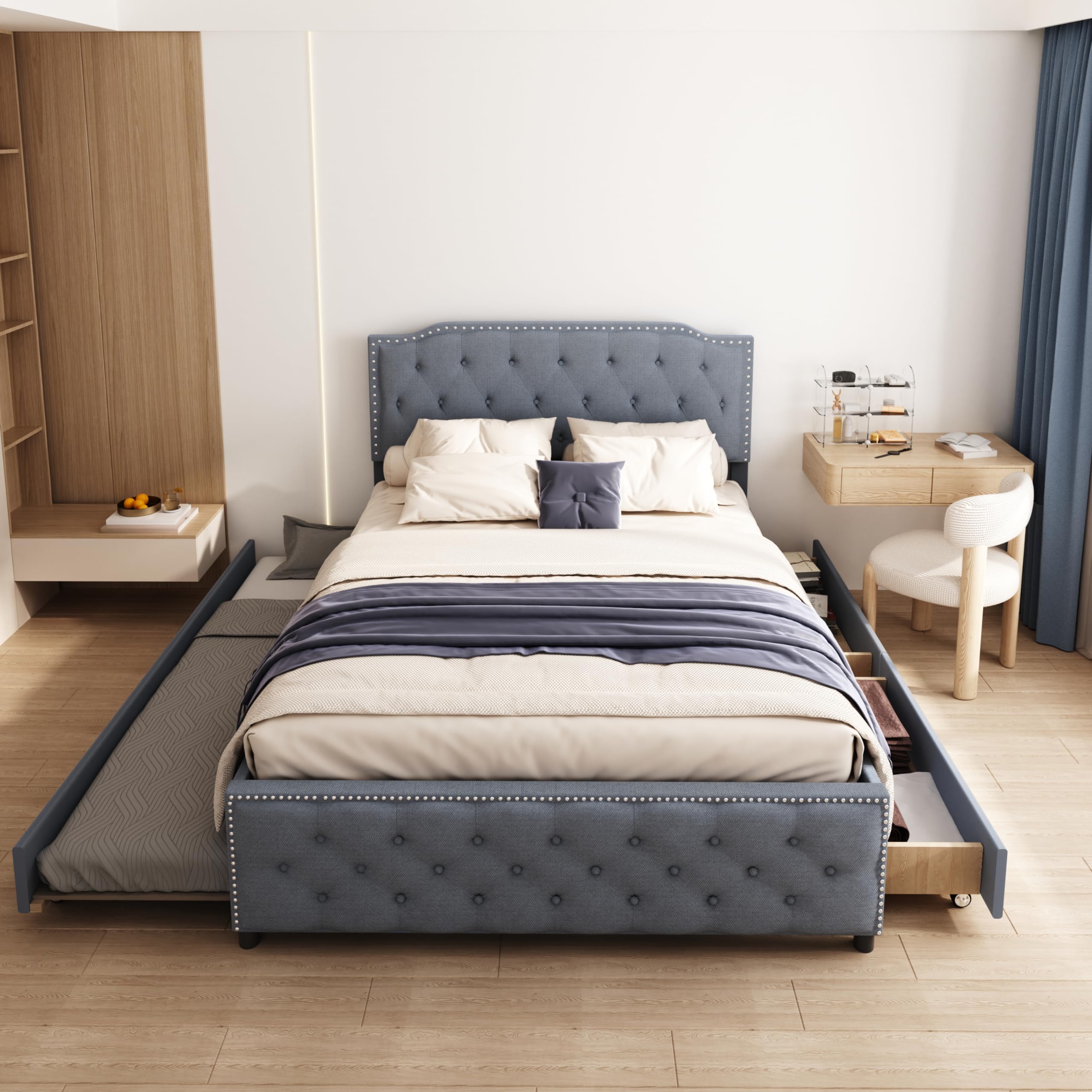 Photo 1 of **BOX 1 OF 2 ONLY/INCOMPLETE SET**PVWIIK Upholstered Queen Platform Bed with Trundle and Drawers, Tufted Button Soft Fabric Bedframe for Bedroom, Living Room, Office, No Box Spring Needed, Grey