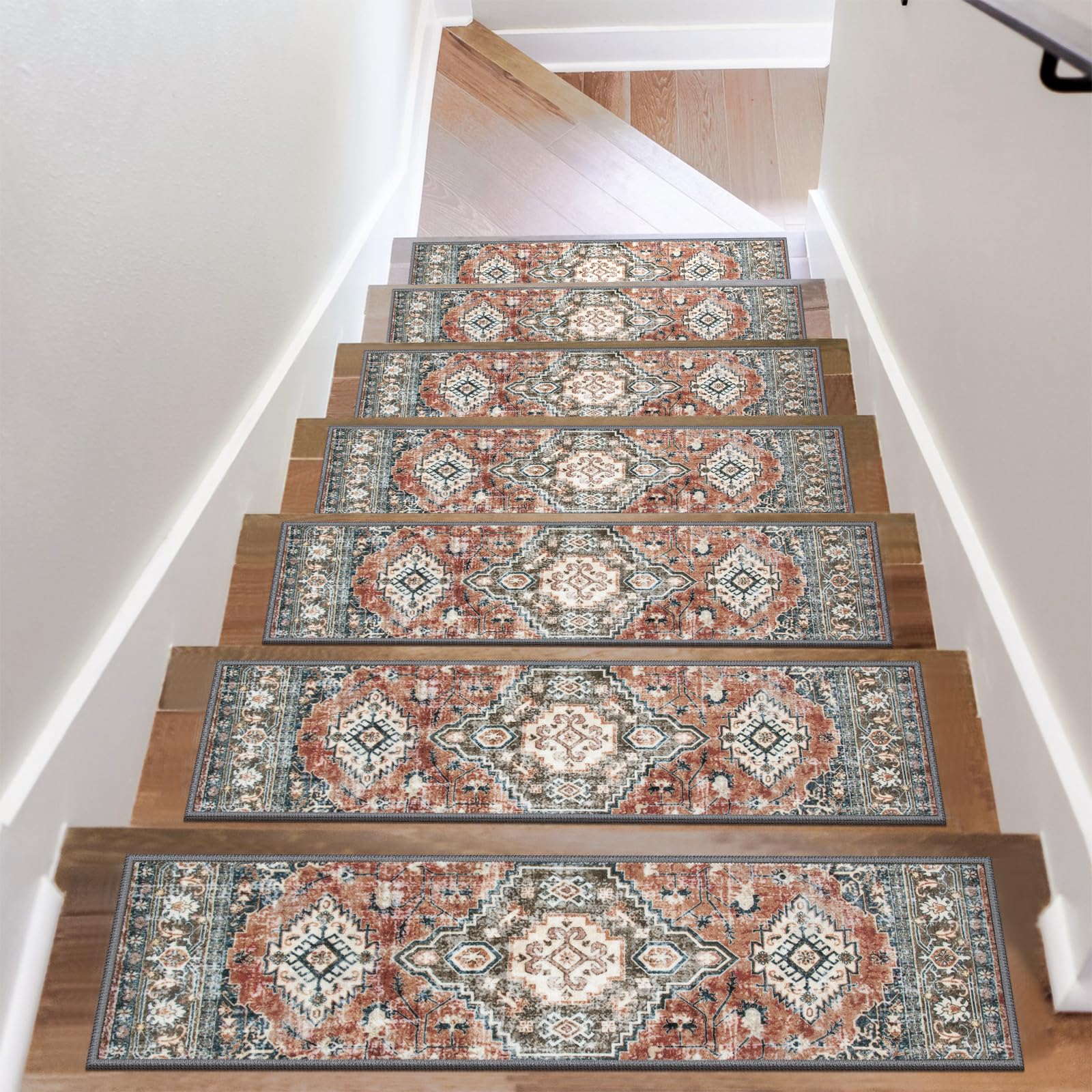 Photo 1 of OJIA Stair Treads Non Slip for Wooden Steps Indoor 15PCS Carpet Stair Treads, Rubber Backing Stair Carpet Treads, 8"x30" Staircase Step Treads Edging Stair Rugs for Kids & Pets, Rust Red