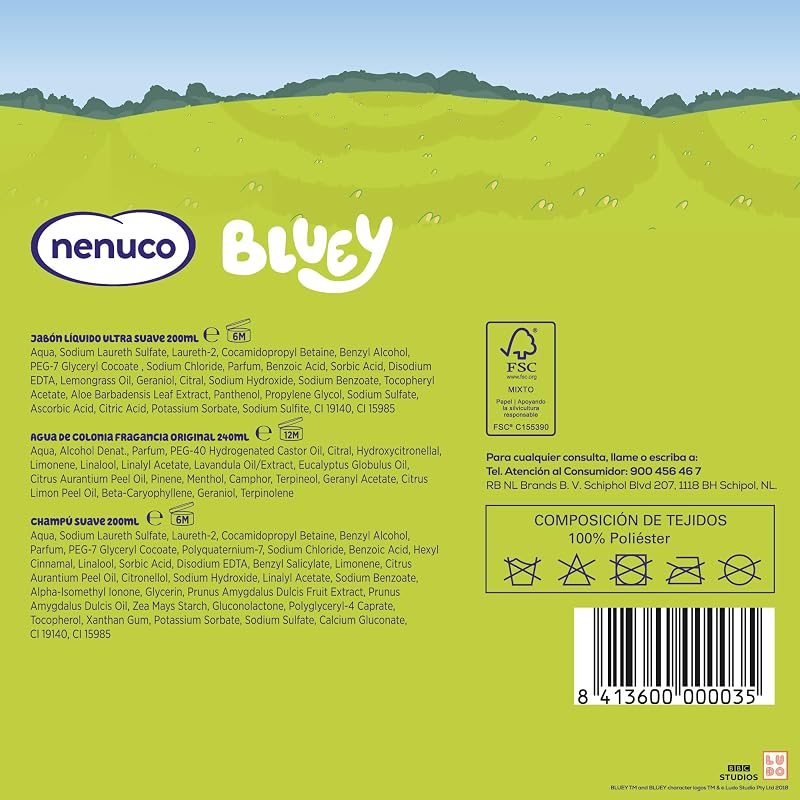 Pack Infantil Mochila Bluey – Edición Limitada, con Champú Suave 200 ml, Jabón Líquido 200 ml y Colonia Nenuco 240 ml