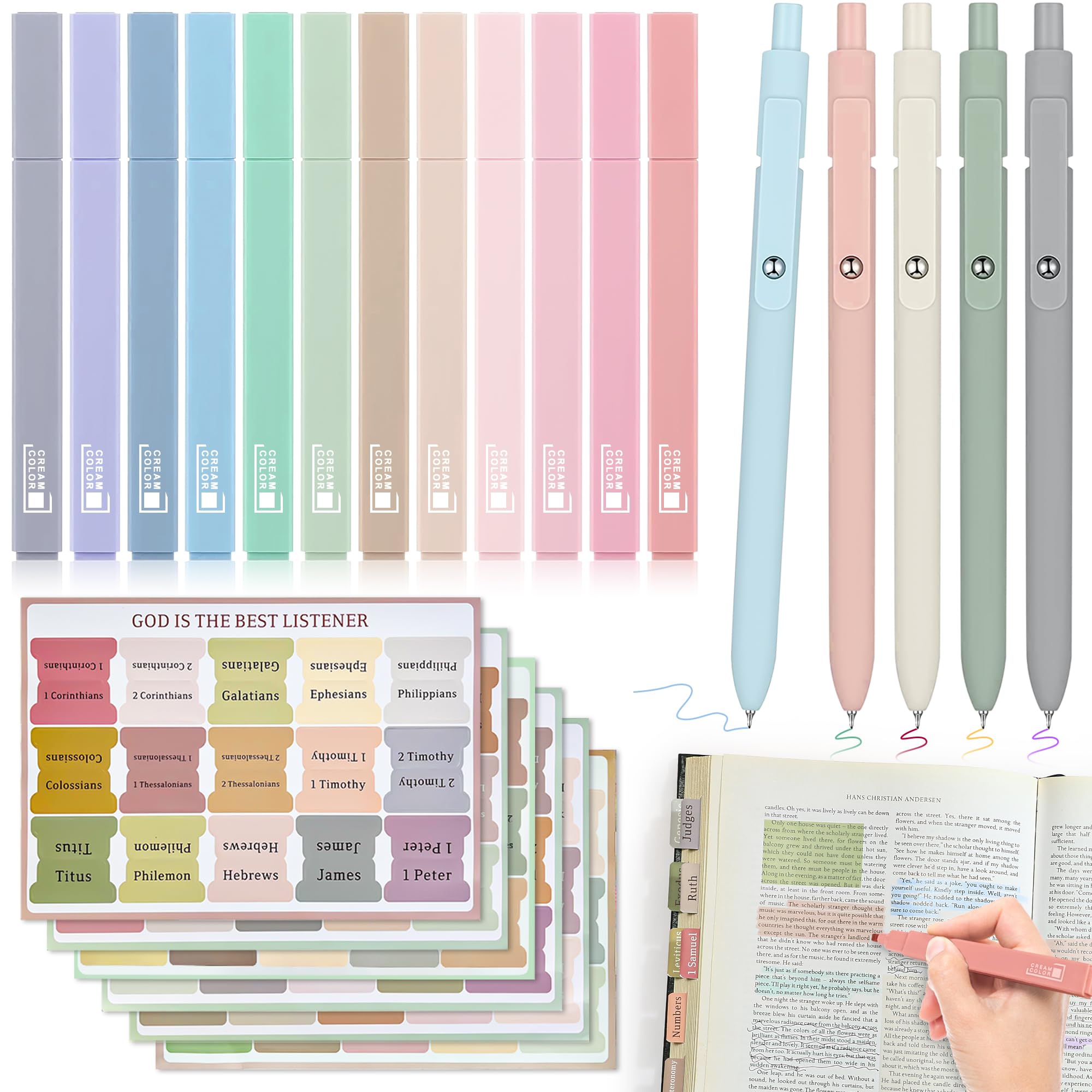 DazSpirit 12 pcs No Bleed Highlighters & 5 pcs 0.5mm Smooth Gel Pens Set with 90 Bible Tabs for Study Easy Navigation for Women/Men (73 Pre-Printed & 17 Blank Tabs), for Notes, Bible, School, Office