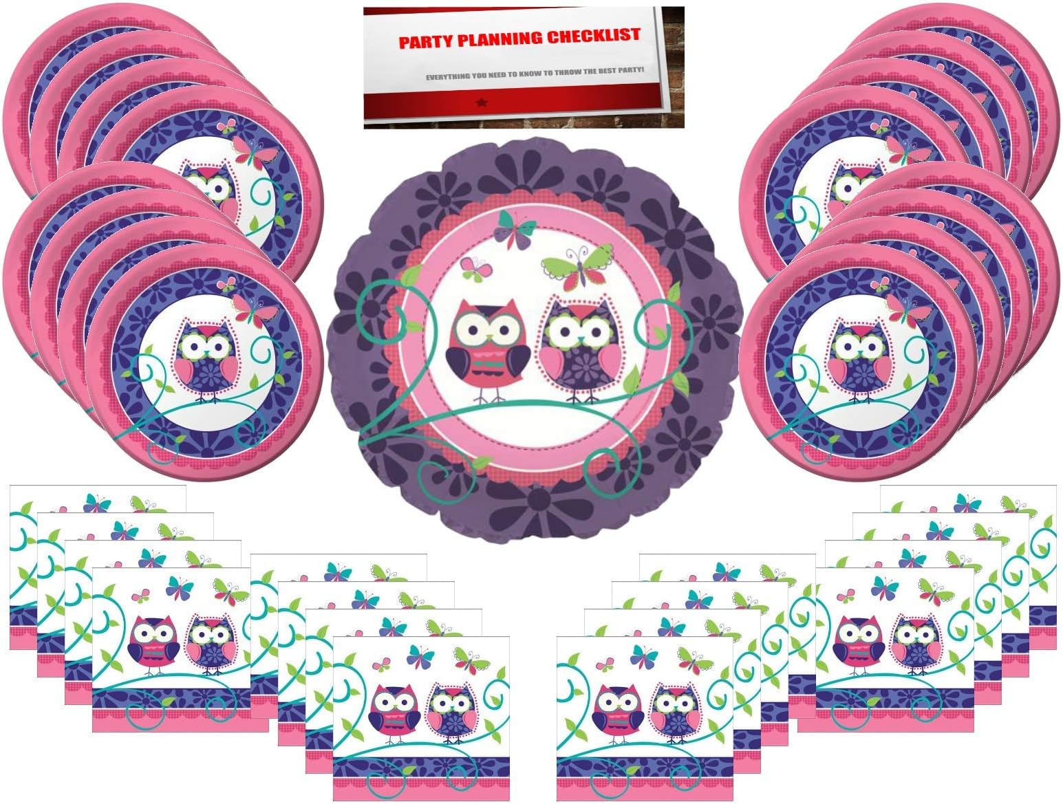 Owl Pal Party Supplies Bundle Pack for 16 Guests(Bonus 17 Inch Balloon Plus Party Planning Checklist by Mikes Super Store)