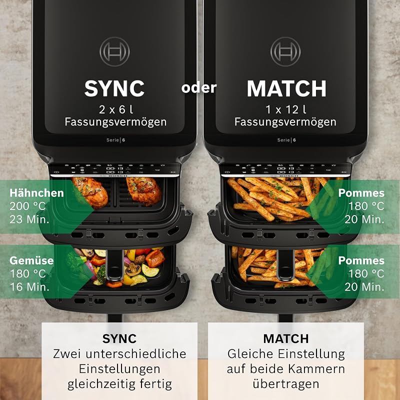 XXL Heißluftfritteuse, 12,0L Doppelkammer, platzsparend, 6 Programme, PFAS frei, schwarz, AirFryer Serie 6, MAFD661B0