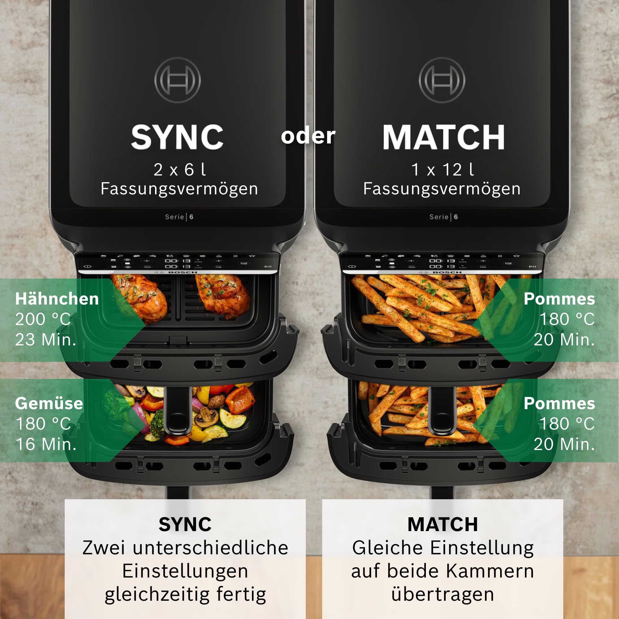 Bosch Serie 6 XXL Heißluftfritteuse, 12 L Doppelkammer, platzsparend, 6 Programme, PFAS frei, schwarz, AirFryer Serie 6, MAFD661B0 6