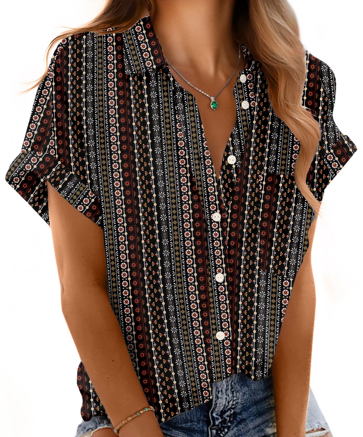 Photo 1 of (medium) (bagged) Mintreus Short Sleeve Blouses for Women Versatile Women’s Tops Dressy Casual with Pockets (Bohe Orbicular-M)