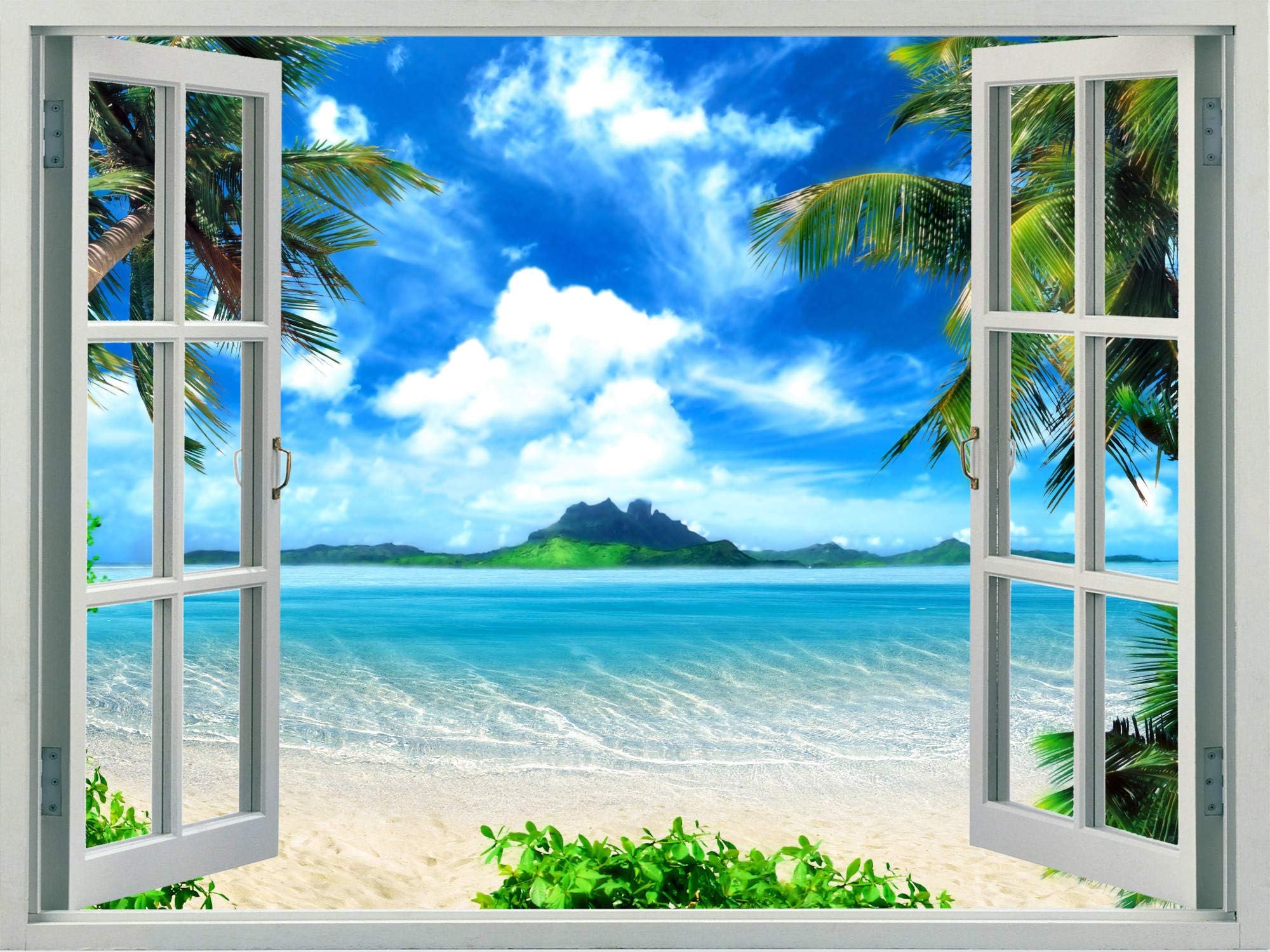 Walls 360 Peel & Stick Faux Window Wall Decal Magical Coast with Palm Trees and Island (24 in x 18 in)