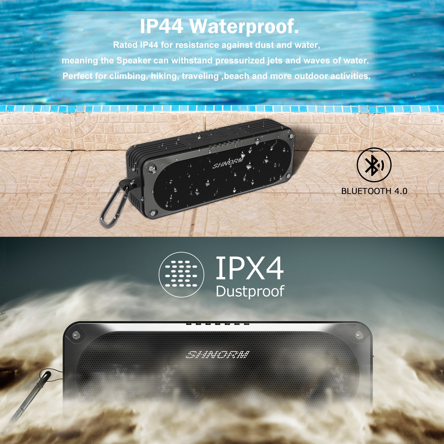 Waterproof 20W Loud Bluetooth Speaker, Dual Bass Stereo Sound Driver Speakers, 4400mah USB Rechargeable Battery, Built-in Microphone for Handsfree Calling, 3.5mm AUX Input Port Supported