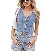 Oulivey Cropped Y2K Denim Vest for Womens Button Down Sleeveless Corset Jean Tank Waistcoat